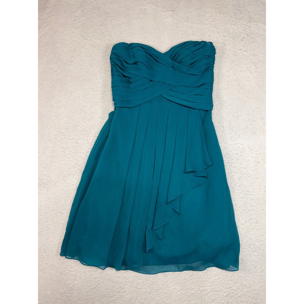 David's Bridal Teal Blue Strapless Chiffon Pleated Cocktail Dress F14847 Size 4